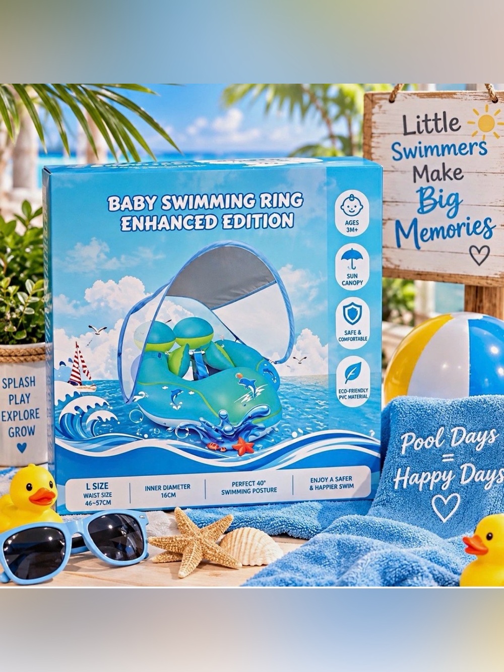 Baby Swimming Ring Enhanced Edition with Sun Canopy Blue & Green NIB